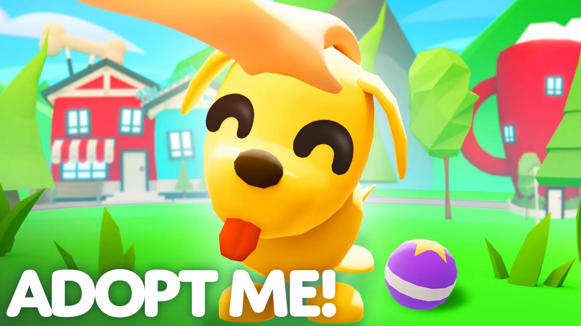 An adorable dog welcomes you to Adopt Me! The dog is happy to be receiving pets and playing with its purple throwing toy! 