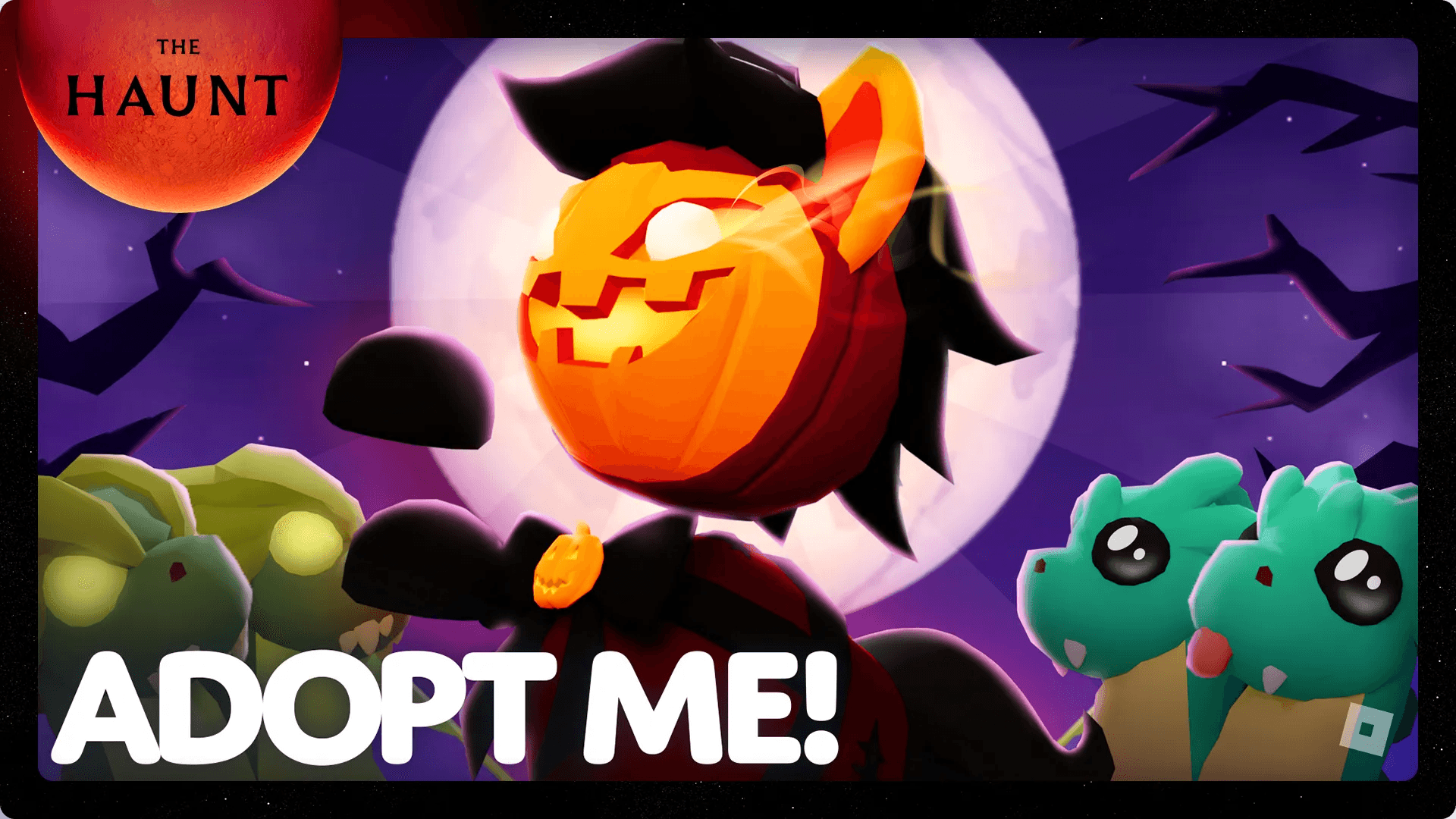 The Headless Horse and Hydra pets welcome you to the Halloween update in Adopt Me! The pumpkin-head horse is standing in front of the Full Moon with both versions of the Hydra, calm and collected and ANGRY surrounding it!