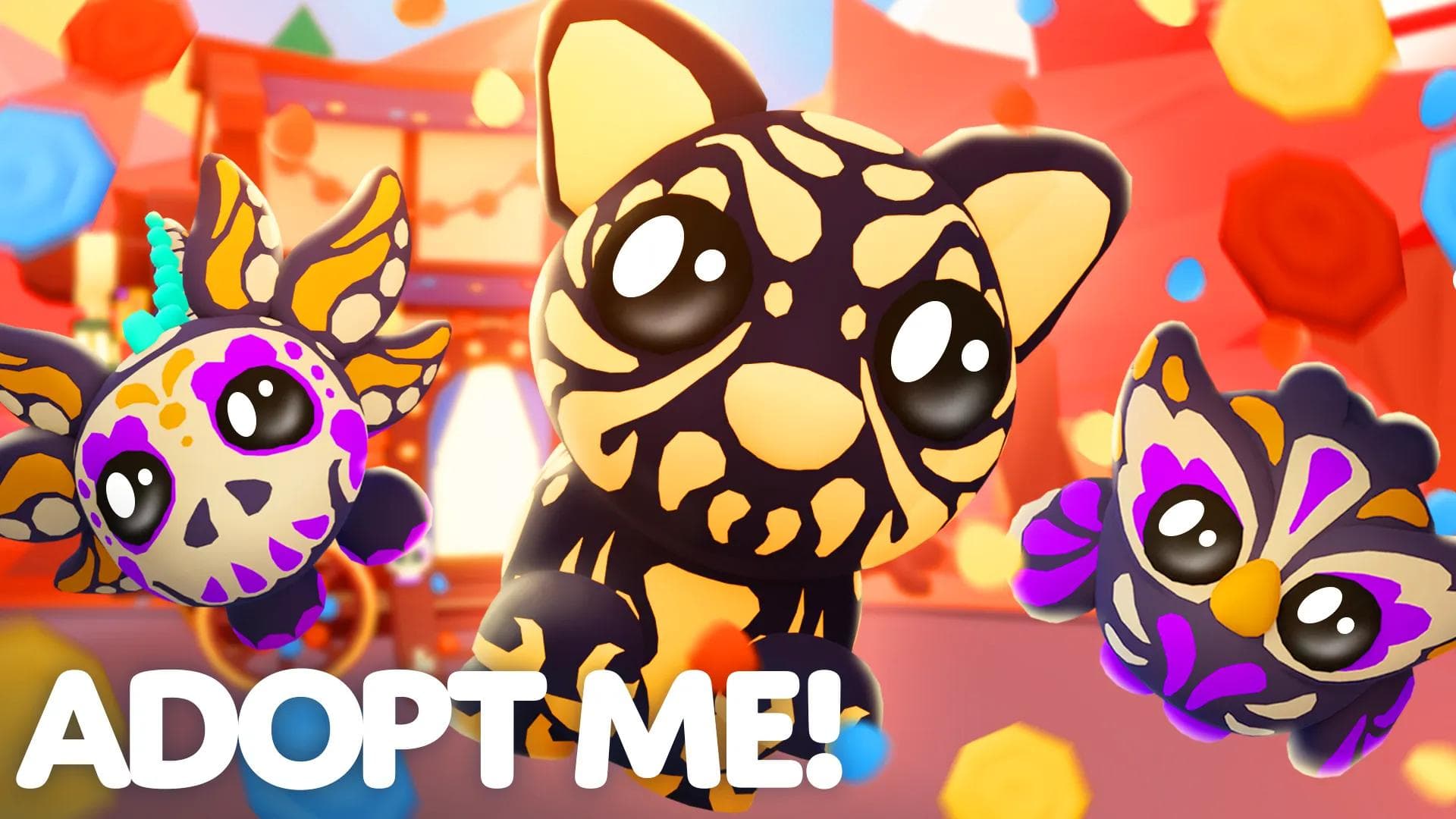 Welcome to the Día de los Muertos update in Adopt Me! Looking out at the player and welcoming you in are the Golden Jaguar, Sugar Axolotl and Gave Owl with beautiful markings in the Día de los Muertos style.