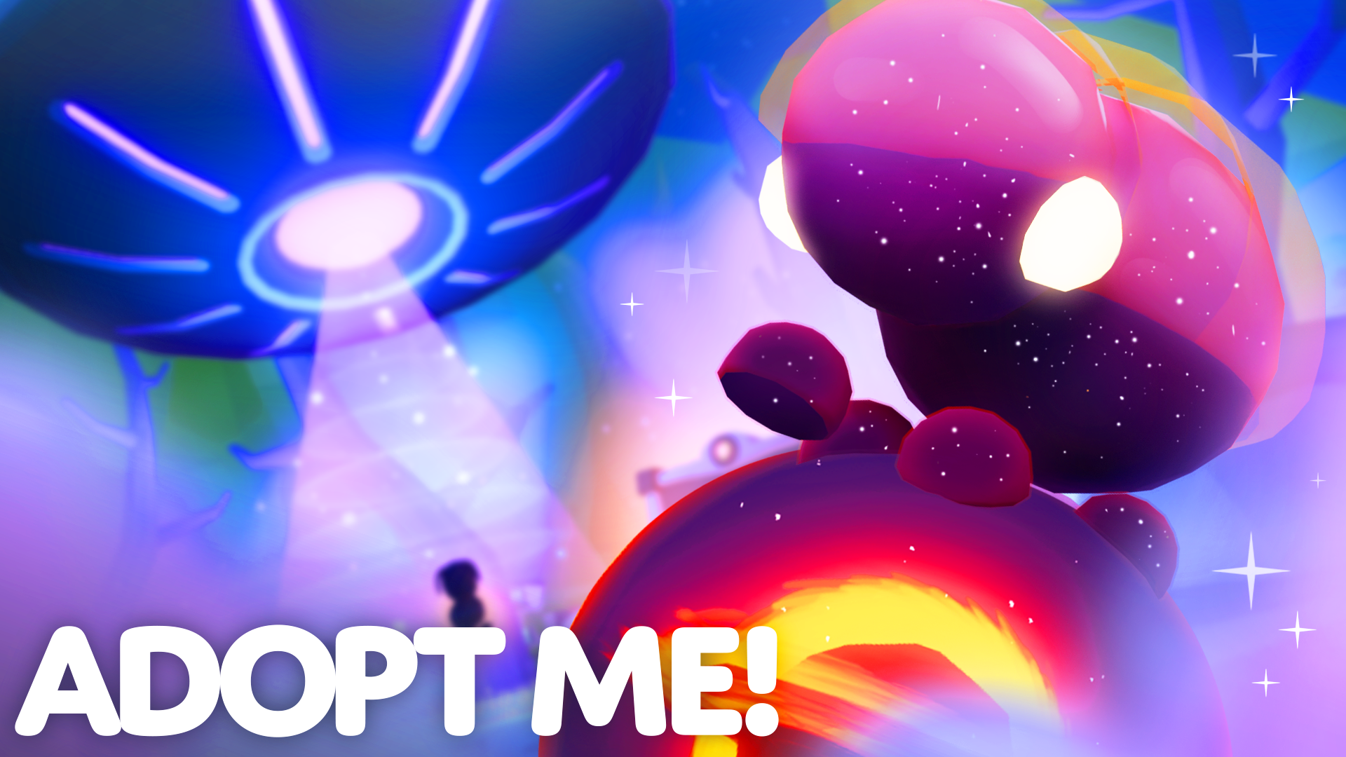 Singularity Beetle and Sean's UFO land on Adoption Island! An adorable bug with a pink and purple body and a whole glowing world in its orb! A pet is being dropped down by the UFO in the background. Who could it be? 