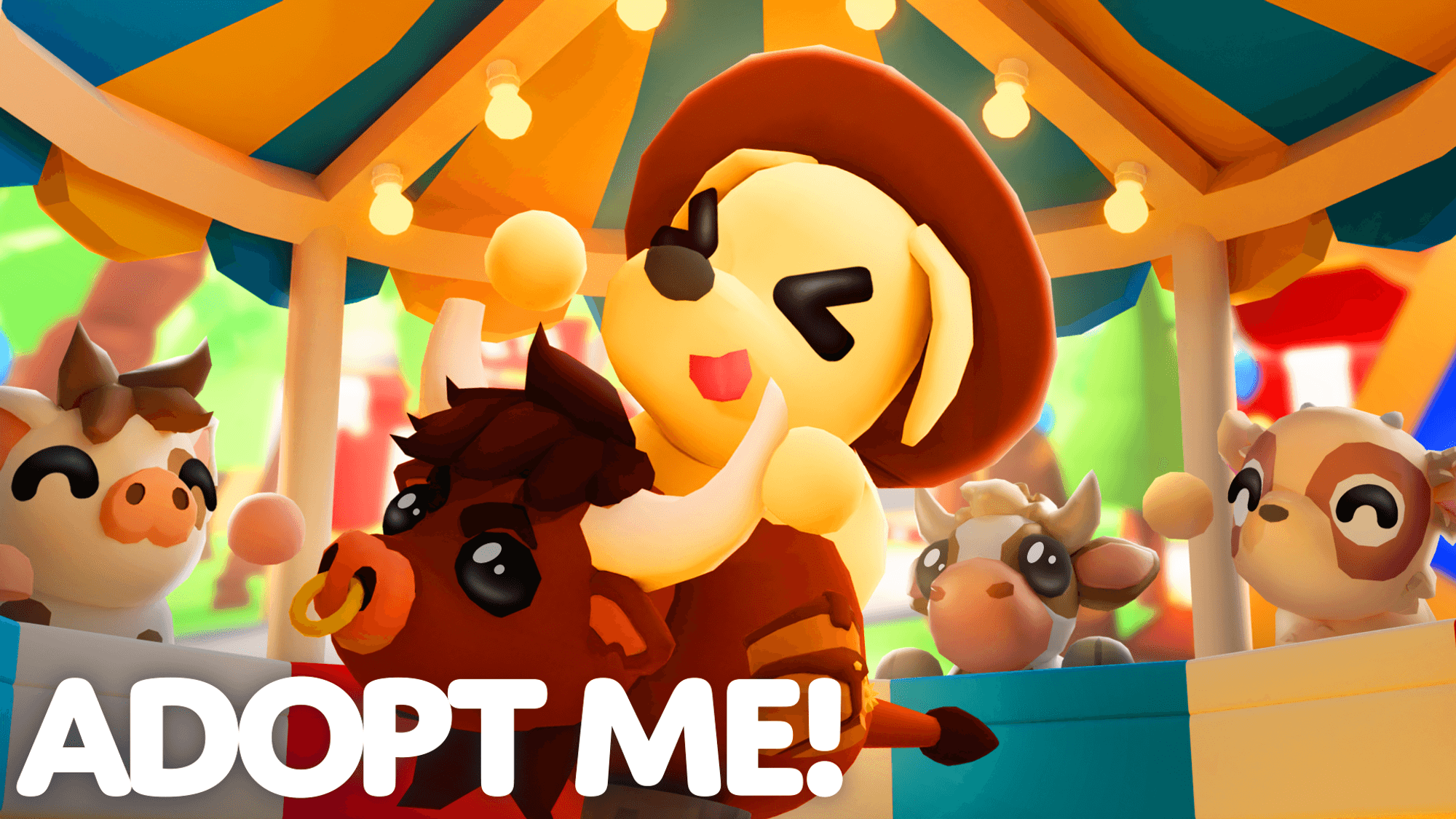 Welcome to the Summer State Fair in Adopt Me! Picturing a Dog pet wearing a Cowboy Hat riding a Bull in Rodeo Ride minigame, surrounded by baby Farm pets!