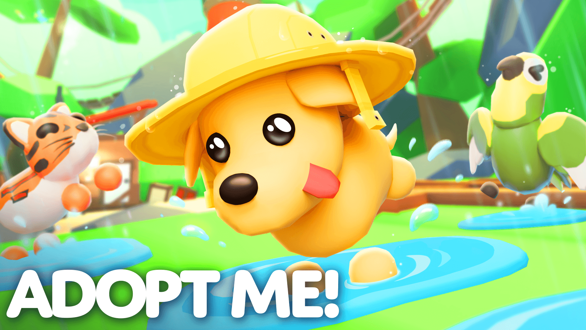 Dog in a rain hat is jumping in a puddle, flanked by two other pets
