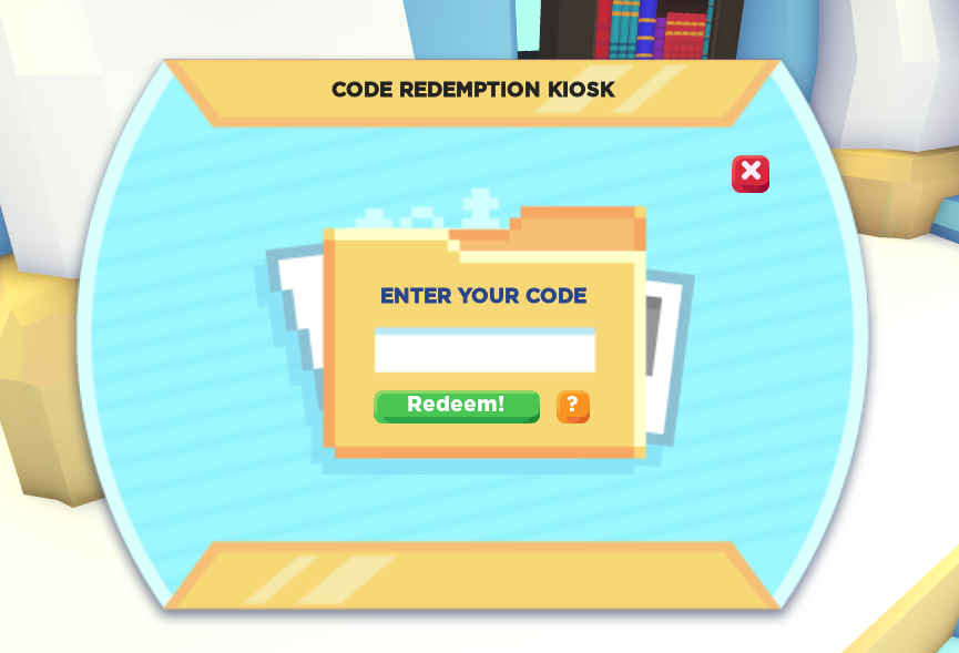 An in-game screenshot of Adopt Me, where a pixelated menu is visible. The menu reads "Code Redemption Kiosk" at the top. In the center of the menu there is a field labeled "Enter Your Code" with a blank text box, as well as a "Redeem!" button.